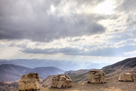 Caucasus. Mountain pass of Gumbashi. Thunderclouds gather on the tops of mountains.