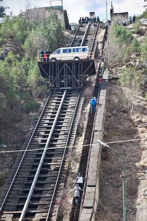 Canyon of Adyr-Su. Mountain road. Funicular for getting up of cars on the top of mountain