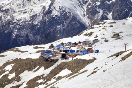 DOMBAY, RUSSIA - May 03.2015: Small village with cafes. Recreational accommodation for skiers on the mountain Mussa-Achitaraのeditorial素材