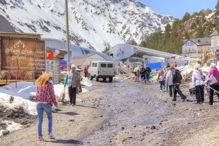 CAUCASUS, RUSSIA - May 01.2015: Small village on the glade Azau. Resting place of tourists and skiers near the foot of mountain Elbrusのeditorial素材