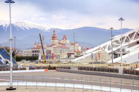 CAUCASUS, SOCHI, RUSSIA - April 27.2015: sports competition objects of winter sports competition games 2014. Central area of the sports competition complex and automotive circuit Formula 1のeditorial素材