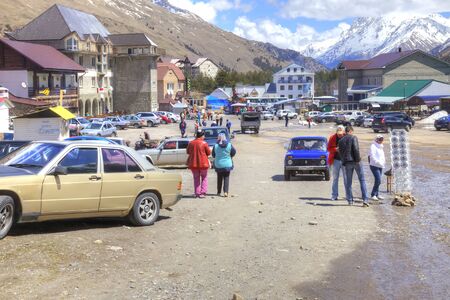 CAUCASUS, RUSSIA - May 01.2015: Settlement of municipal type of Cheget. Resting place of tourists and skiers near the foot of mountain Chegetのeditorial素材