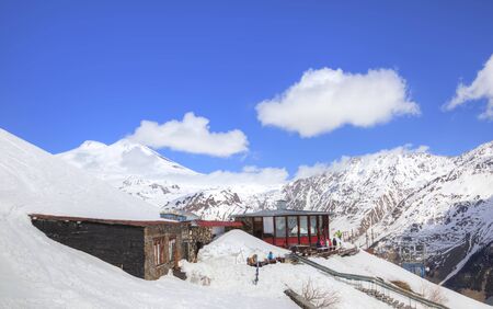 CAUCASUS, RUSSIA - May 01.2015: Great Caucasus Range. A small cafe Ai on the alpine slopes of mountain Chegetのeditorial素材