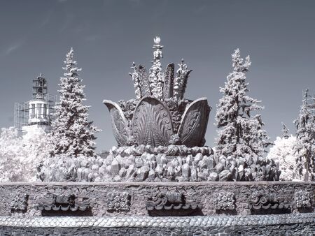 MOSCOW, RUSSIA - May 27.2014: Infrared Photography. Territory of All-Russian Exhibition Center. Fountain Stone Flowerの写真素材