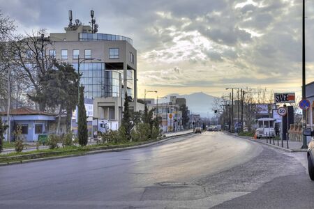 THESSALONIKI, GREECE - March 12.2016: Sunrise over the city. Empty highwayのeditorial素材