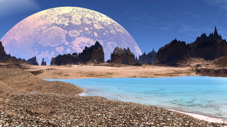 Rocks and  lake. Landscape of stranger planet.  3D illustration