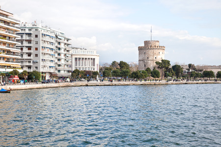THESSALONIKI, GREECE - March 17.2016: View  on the embankment of city from the side of the Aegean Sea. White towerのeditorial素材