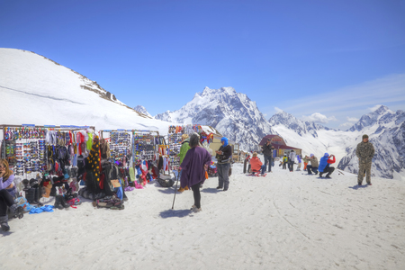 DOMBAY, RUSSIA - May 03.2015: Little tourist accessories market and cafe on the first level of getting up on the mountain Mussa-Achitaraのeditorial素材