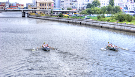KALININGRAD, RUSSIA - September 15.2008: Racing of rowers on oar boats in swimming to down the Pregolya Riverのeditorial素材
