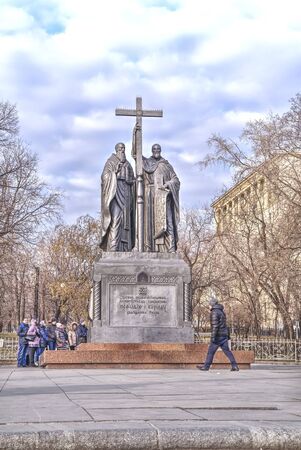 MOSCOW, RUSSIA - November 22.2014: Monument to the Christian preachers, the creators of Russian written language on Slavyanskaya Square near the Ilyinsky public gardenのeditorial素材