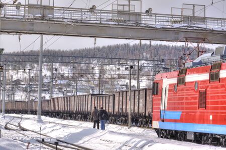 MURMANSK, RUSSIA - March 27.2009: Freight trains at a railway station of the city of Murmansk