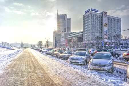 MINSK, REPUBLIC OF BELARUS - January 16.2017: Winter cityscape. Modern office buildings on boulevard of Winners in the city centerのeditorial素材