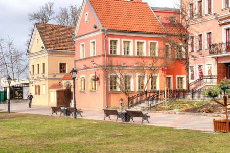 BELORUSSIA, MINSK - March 11.2017: Pink houses on Trinity embankment in the historic center of the cityのeditorial素材