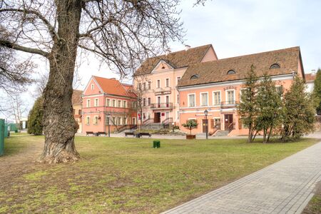 BELORUSSIA, MINSK - March 11.2017: Pink houses on Trinity embankment in the historic center of the cityのeditorial素材