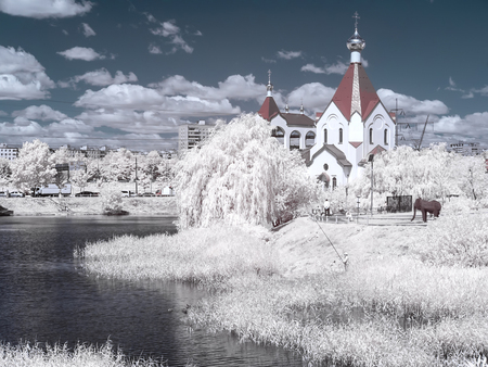 Suzdal Pond and the Church of All Saints Russian. Infrared photographyの写真素材