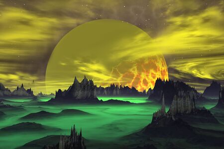 Alien Planet - Artwork. Rocks and sky. 3D illustration の写真素材