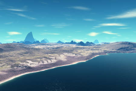 Fantasy alien planet. Mountain and water. 3D illustration