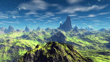 Fantasy alien planet. Mountain. 3D illustrationの写真素材