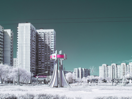 MOSCOW, RUSSIA - May 09.2018: Infrared photo. Stella with the coat of arms of the Novokosino district in the central squareのeditorial素材