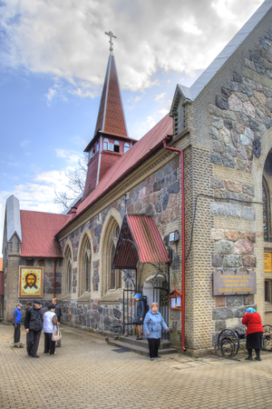 KALININGRAD, RUSSIA - April 29.2018: Temple of the Icon of the Mother of God of Kazan in the village of Yantarnoye in Svetlogorsk district, Kaliningrad region (former Lutheran church in Palmnicken)のeditorial素材