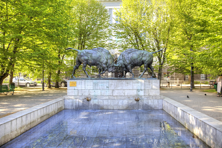 KALININGRAD, RUSSIA - May 04.2018: One of the most famous sculptural compositions of the city, the fountain with the Fighting Wisentsのeditorial素材