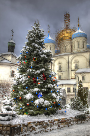 Christmas decorated spruce in the territory of the Novospassky Stavropegic Monastery. Moscow cityの写真素材