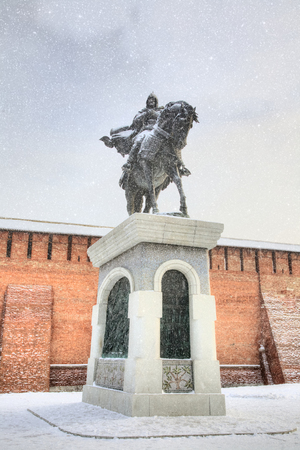KOLOMNA, RUSSIA - January 05.2009: Snowfall. Monument to Russian Prince Dmitry Donskoy placed in the assembly place of the Russian army before going to the Golden Hordeのeditorial素材