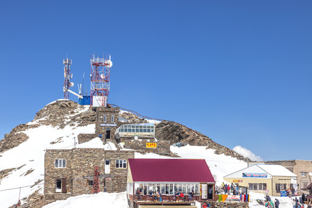 DOMBAY, RUSSIA - May 03.2015: Little tourist accessories market and cafe on the first level of getting up on the mountain Mussa-Achitaraのeditorial素材