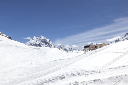 DOMBAY, RUSSIA - May 03.2015: Ideal skiing on the slopes of the mountain resort Dombayのeditorial素材