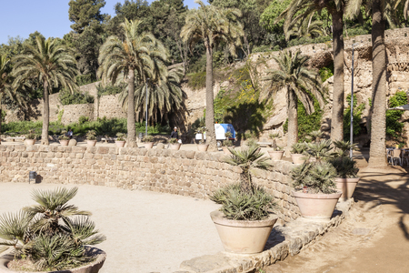 SPAIN, BARCELONA - May 05.2014: Park Guell in Barcelona, Spain. Park was designed by Gaudi and built in 1900 to 1914. Colonnade with falling pillarsのeditorial素材