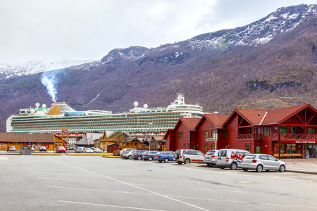FLAM, NORWAY - April 30.2013: The Valley of Flomsdalen. City, railway station and seaport in Sognefjord fjord. A cruise shipのeditorial素材