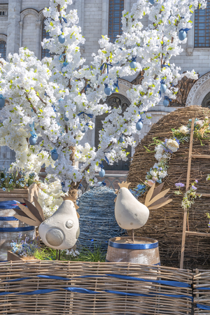MOSCOW, RUSSIA - April 29.2019: Easter installations of symbols of the Christian holiday near the Cathedral of Christ the Saviorのeditorial素材
