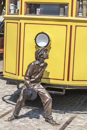 VIBORG, RUSSIA - June 05.2019: Recreated tram car installed as a monument in the center of Vyborg  on Theater Square in memory of the tram movementのeditorial素材