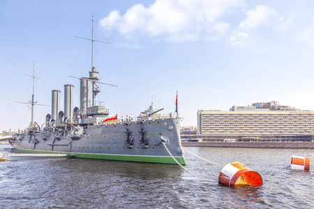 SAINT PETERSBURG, RUSSIA - June 07.2019: First-rank cruiser of the Baltic Fleet Aurora parked at the Petrograd Embankment at the source of the Bolshaya Nevka riverのeditorial素材