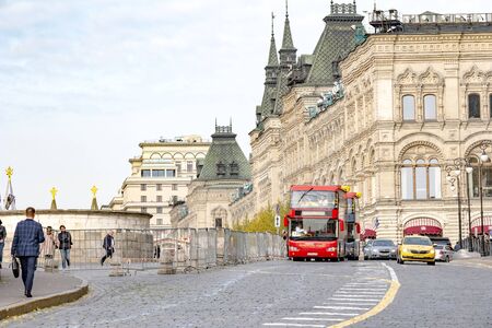 MOSCOW, RUSSIA - October 03.2019: The parking of sightseeing buses on Red Square near the Lobnoye...