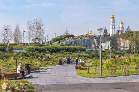 MOSCOW, RUSSIA - October 03.2019: The territory of the modern Zaryadye park in the historical part of the city. Landscaping. Meadowのeditorial素材