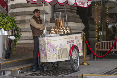 MOSCOW, RUSSIA - October 03.2019: Cafe on Red Square near the GUM store. Ice Cream Sellerのeditorial素材