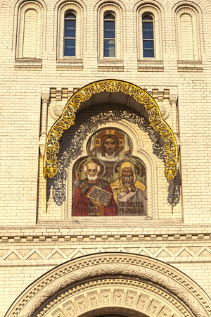 Kronstadt. Anchor Square. Naval Cathedral of St. Nicholas the Wonderworker. Entrance to the cathedral. Icon on the facadeのeditorial素材