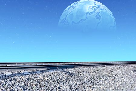 Collage. Railroad against the background of the moon in a strange skyの写真素材