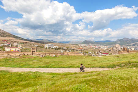 Territory of a well-preserved ancient fortress on top of a mountain in the city of Sudakの写真素材