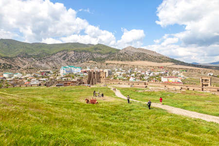 Territory of a well-preserved ancient fortress on top of a mountain in the city of Sudakの写真素材