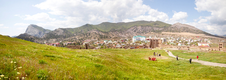 SUDAK, CRIMEA, UKRAINE - May 06.2009: Panorama of a well-preserved ancient fortress on top of a mountain in the city of Sudakのeditorial素材