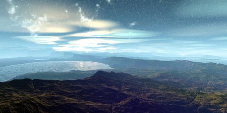 Fantasy alien planet. Mountain and lake. 3D illustration