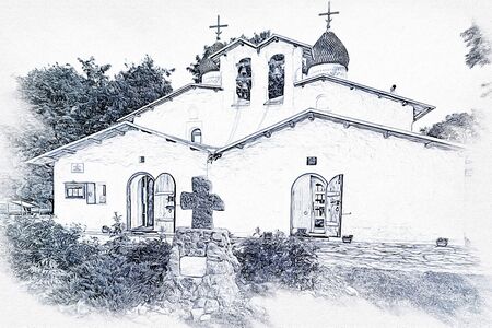 Graphics. Picture of photo, imitation of painting. City of Pskov. Church of Protection at Prolom XV - XVI century. Monument of architecture, protected by the stateの写真素材