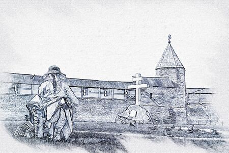 Graphics. Picture of photo, imitation of painting. Pskov Krom (Kremlin), an ancient defensive structure, fortress. Girl on sketchesの写真素材