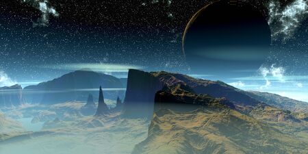 Fantasy alien planet. Mountain and lake. 3D illustration