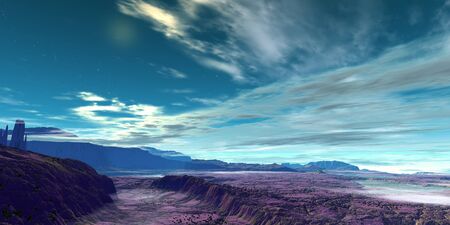 Fantasy alien planet. Mountain and lake. 3D illustrationのeditorial素材