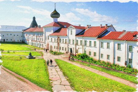Complex of the Solovki friary. A monastery operating. Oil paint on canvas. Picture with photo,...