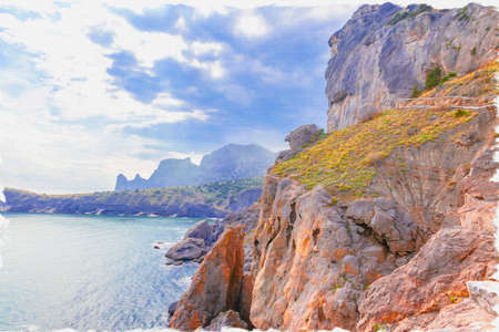 Oil paint on canvas. Picture with photo, imitation of painting. Illustration. Golitsyna Trail. A narrow walking trail along the seashore along Mount Koba-Kaya. Crimea. Settlement Novyy Svetのeditorial素材