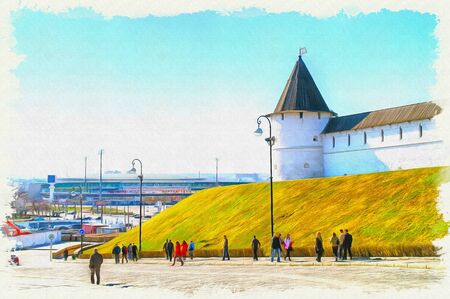 South-west tower of Kazan Kremlin. Most ancient part of city. Oil paint on canvas. Picture with photo, imitation of painting. Illustrationの写真素材